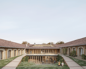 Rénovation biomimétique de l'ancien mess des officiers pour le conservatoire de senlis, vue intérieur de la cours