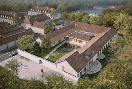 Vue aérienne 3D de la rénovation biomimétique du conservatoire de Senlis