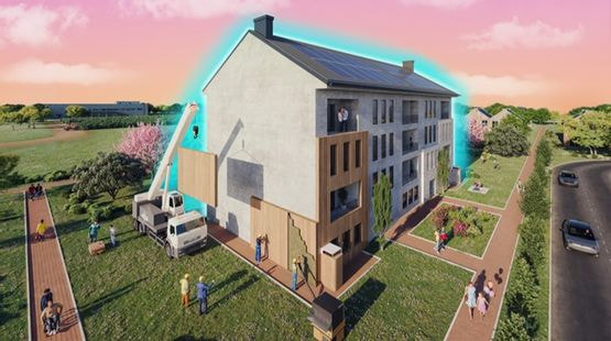 Image 3D illustrant une maison en train d'être rénovée avec des kits préfabriqués