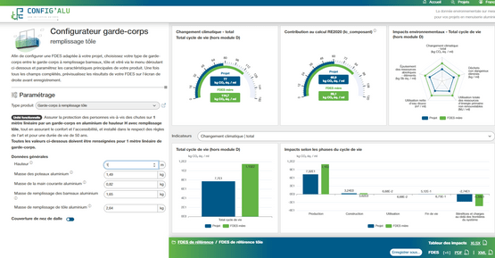 interface du configurateur de FDES développé par NOBATEK sur les cloisons et garde-corps pour le SNFA